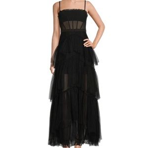 BETSY & ADAM Tiered Tulle Ruffle Gown